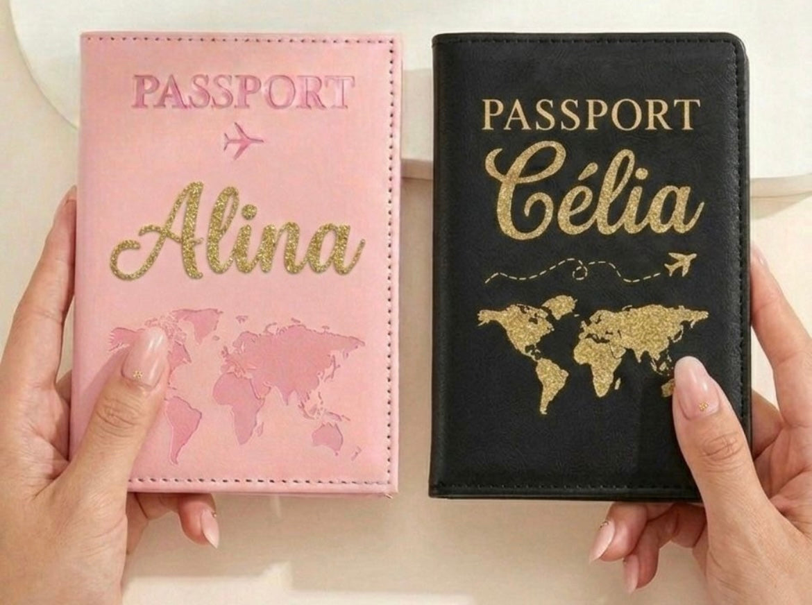 Duo Étuis Passeport Rose & Noir – Prénom Gravé